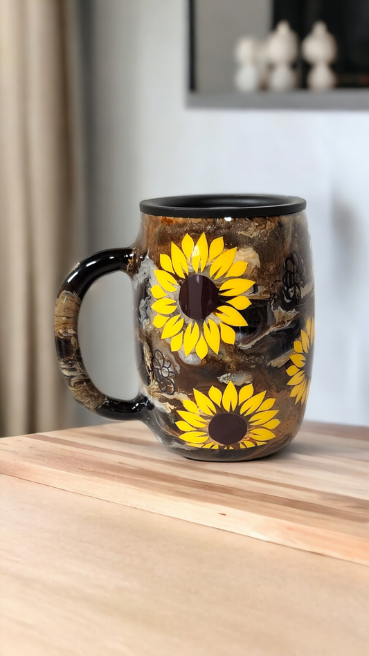 Eye Candy Alert! Carmel Swirls with flowers and Bees Explode on Double-Walled Coffee Mug ⚡️ (Keeps Brews Hot!)