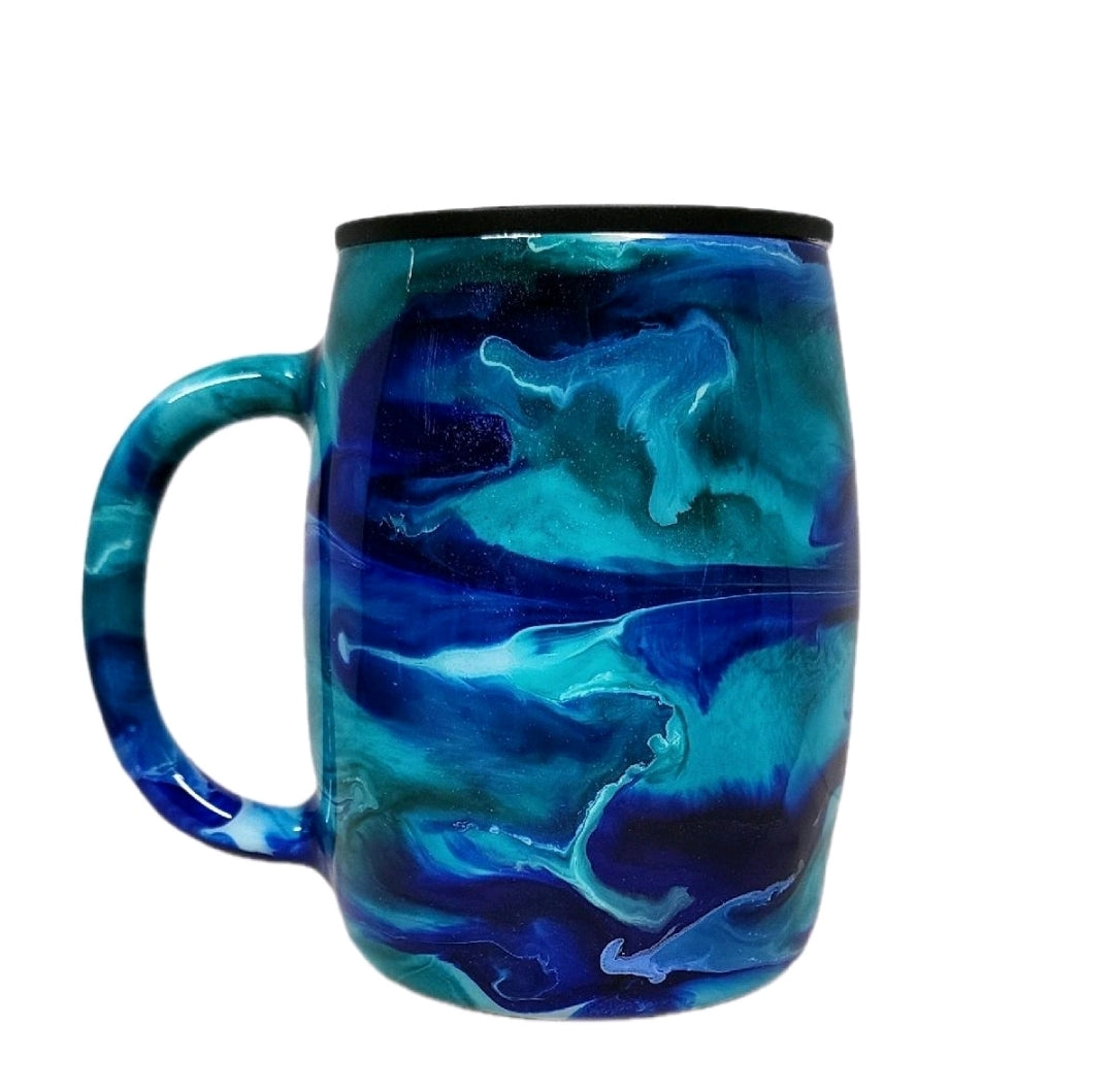 One-of-a-kind 14oz stainless steel mug features a mesmerizing ocean inspiration