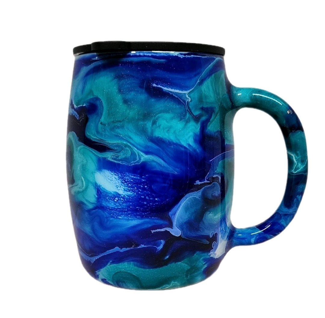 One-of-a-kind 14oz stainless steel mug features a mesmerizing ocean inspiration