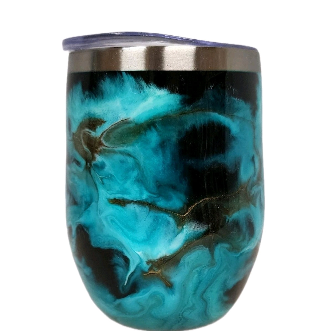 12oz Wine Tumbler Stainless steel Light blue swirl with carmel splashes