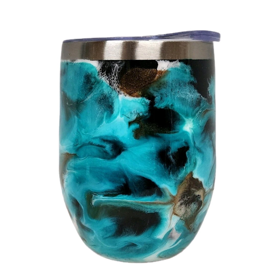 12oz Wine Tumbler Stainless steel Light blue swirl with carmel splashes